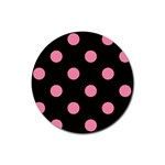 Polka Dots - Flamingo Pink on Black Rubber Round Coaster (4 pack)