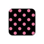 Polka Dots - Flamingo Pink on Black Rubber Coaster (Square)