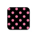 Polka Dots - Flamingo Pink on Black Rubber Square Coaster (4 pack)