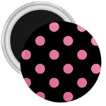 Polka Dots - Flamingo Pink on Black 3  Magnet