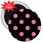 Polka Dots - Flamingo Pink on Black 3  Magnet (10 pack)
