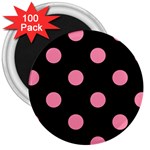 Polka Dots - Flamingo Pink on Black 3  Magnet (100 pack)