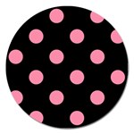 Polka Dots - Flamingo Pink on Black Magnet 5  (Round)