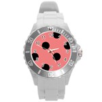 Polka Dots - Black on Coral Pink Round Plastic Sport Watch (L)