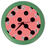 Polka Dots - Black on Coral Pink Color Wall Clock