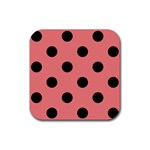 Polka Dots - Black on Coral Pink Rubber Coaster (Square)