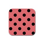 Polka Dots - Black on Coral Pink Rubber Square Coaster (4 pack)