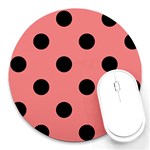Polka Dots - Black on Coral Pink Round Mousepad
