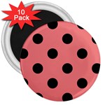 Polka Dots - Black on Coral Pink 3  Magnet (10 pack)