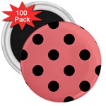 Polka Dots - Black on Coral Pink 3  Magnet (100 pack)