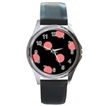 Polka Dots - Coral Pink on Black Round Metal Watch