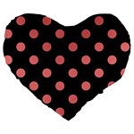 Polka Dots - Coral Pink on Black Large 19  Premium Heart Shape Cushion