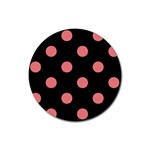 Polka Dots - Coral Pink on Black Rubber Round Coaster (4 pack)