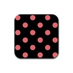 Polka Dots - Coral Pink on Black Rubber Coaster (Square)