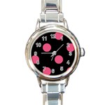Polka Dots - Dark Pink on Black Round Italian Charm Watch