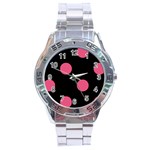 Polka Dots - Dark Pink on Black Stainless Steel Analogue Watch