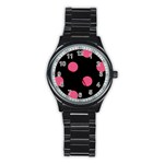 Polka Dots - Dark Pink on Black Stainless Steel Round Watch
