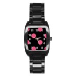Polka Dots - Dark Pink on Black Stainless Steel Barrel Watch