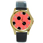 Polka Dots - Black on Pastel Red Round Gold Metal Watch