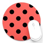 Polka Dots - Black on Pastel Red Round Mousepad