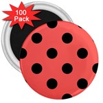 Polka Dots - Black on Pastel Red 3  Magnet (100 pack)