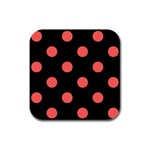 Polka Dots - Pastel Red on Black Rubber Square Coaster (4 pack)