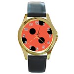 Polka Dots - Black on Tomato Red Round Gold Metal Watch