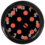 Polka Dots - Tomato Red on Black Wall Clock (Black)