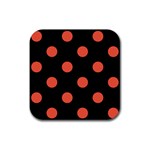 Polka Dots - Tomato Red on Black Rubber Coaster (Square)
