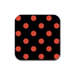 Polka Dots - Tomato Red on Black Rubber Square Coaster (4 pack)