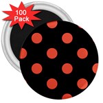 Polka Dots - Tomato Red on Black 3  Magnet (100 pack)