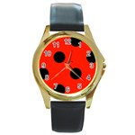 Polka Dots - Black on Ferrari Red Round Gold Metal Watch