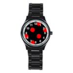 Polka Dots - Red on Black Stainless Steel Round Watch