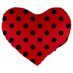 Polka Dots - Black on Alizarin Red Large 19  Premium Flano Heart Shape Cushion