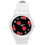 Polka Dots - Alizarin Red on Black Round Plastic Sport Watch (M)
