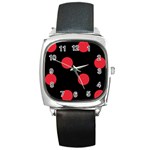 Polka Dots - Alizarin Red on Black Square Metal Watch