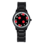 Polka Dots - Alizarin Red on Black Stainless Steel Round Watch