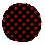 Polka Dots - Alizarin Red on Black Large 18  Premium Flano Round Cushion