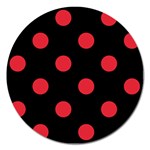 Polka Dots - Alizarin Red on Black Magnet 5  (Round)