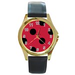 Polka Dots - Black on Cardinal Red Round Gold Metal Watch