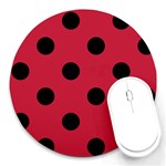 Polka Dots - Black on Cardinal Red Round Mousepad