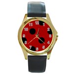 Polka Dots - Black on Dark Candy Apple Red Round Gold Metal Watch