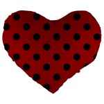 Polka Dots - Black on Dark Candy Apple Red Large 19  Premium Flano Heart Shape Cushion