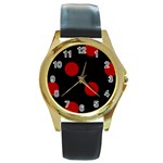 Polka Dots - Dark Candy Apple Red on Black Round Gold Metal Watch