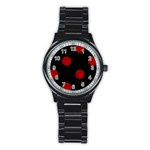 Polka Dots - Dark Candy Apple Red on Black Stainless Steel Round Watch