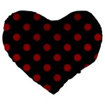 Polka Dots - Dark Candy Apple Red on Black Large 19  Premium Flano Heart Shape Cushion