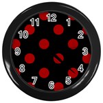Polka Dots - Dark Candy Apple Red on Black Wall Clock (Black)