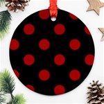 Polka Dots - Dark Candy Apple Red on Black Round Ornament (Two Sides)