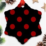 Polka Dots - Dark Candy Apple Red on Black Snowflake Ornament (Two Sides)
