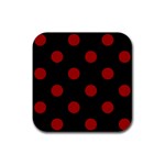 Polka Dots - Dark Candy Apple Red on Black Rubber Coaster (Square)